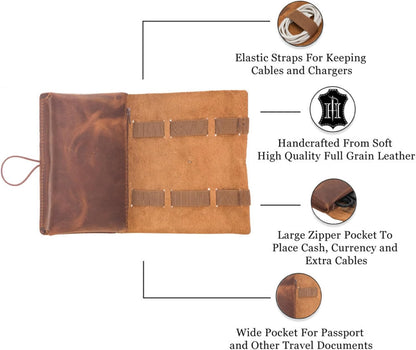 HARDISTON Custom Genuine Leather Electronic Cable Organizer Bag Handmade Travel Cord Organizer Roll Case for Hard Drives, Cables, Charger, Phone, USB, SD Card (Medium - Brown)
