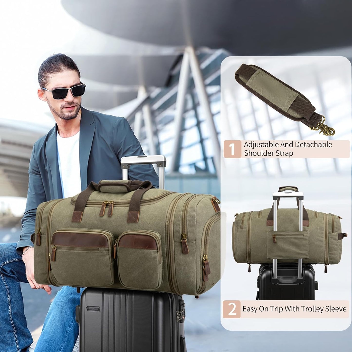 Mens Duffle Bag for Travel 60L Expandable Canvas Weekender Overnight Travel Duffel Bag with Shoe Compartment Carry-On for Airplanes Army Green