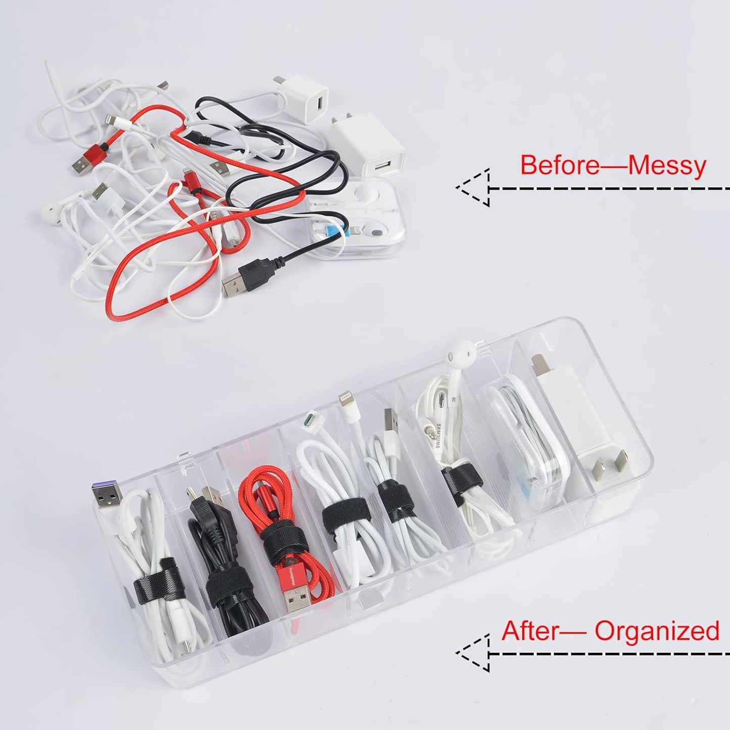 Acrylic Electronics Organizer-8 Sections Clear Cable Storage Bin Box,Cord Management Holder,Desk Storage Accessories with 20 PCS 6 Inch Reusable Fastening Fabric Cable Tie Straps Cord Wraps (No Lid)