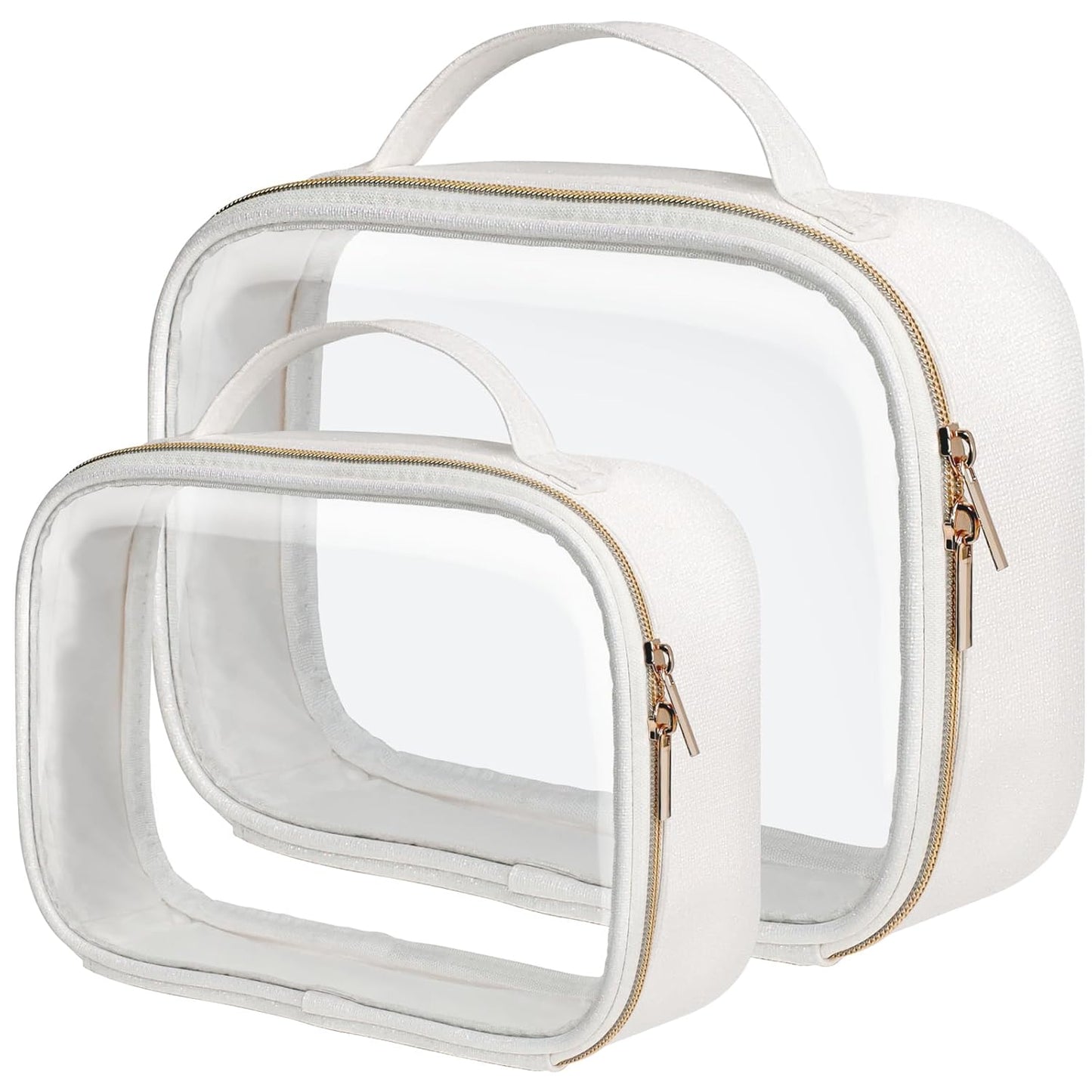 PACKISM TSA Approved Toiletry Bag - Glitter Textured Clear Toiletry Bag, Personalized and Fashion, with 180° Large Opening and Supporting Frame, Perfect for Travel Essentials, Thick No Smell, White