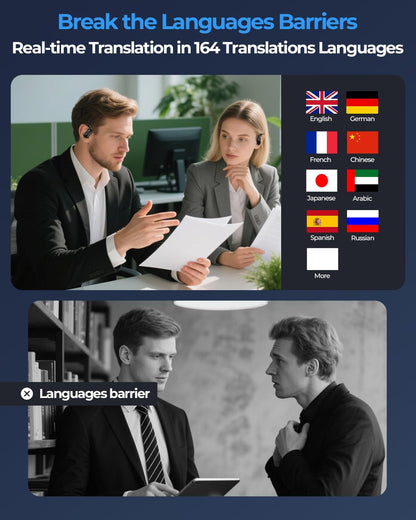 AI Translation Earbuds Real Time, 164 Language Translator Earbuds, 96H Playtime Translation Headphones, Noise Canceling, Audifonos Traductores Inglés Español for Business Meeting Travel Learning