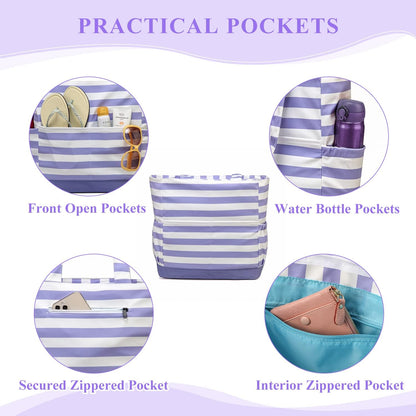 VASCHY Beach Bag for Women, Large Waterproof Sandproof Fold-able Packable Pool Tote Bag w Zipper/Pockets