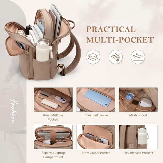 Travel Backpack for Women Personal Carry On Bag Business Weekender Hiking Multilayer Laptop Bag,16 Inch,Brown