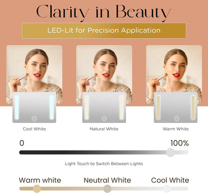 Lighted Makeup Case with Mirror - Portable Travel Makeup Organizer with light up Mirror, 3 Light Settings, Rechargeable Makeup Bag with Mirror and Lights - Mini 10x magnifying Mirror included