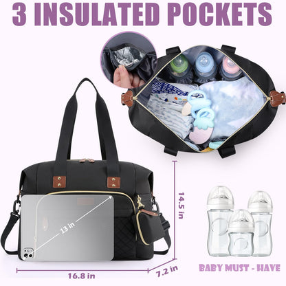 Tuwubi Diaper Bag Tote,Baby Diaper Bag with Pacifier Case Large Travel Diaper Tote Caddy for Mom and Dad Multifunction Large Baby Bag - Black