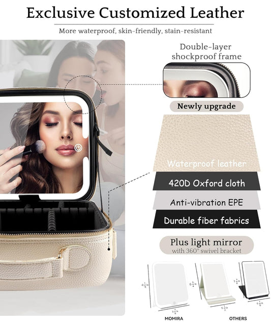 MOMIRA Travel Makeup Bag Cosmetic Bag with Lighted Mirror, Adjustable Brightness in 3 Color Scenarios/Detachable makeup mirror, All-round Upgrade, Waterproof, Gift for Women -Khaki