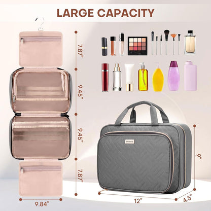 Toiletry Bag for Women with Jewelry Organizer Compartment, Jewelry Boxes for Gifts, Travel Makeup Cosmetic Bag with Hanging Hook for Full-sized Toiletries, Shampoo - Grey, Gifts for Women