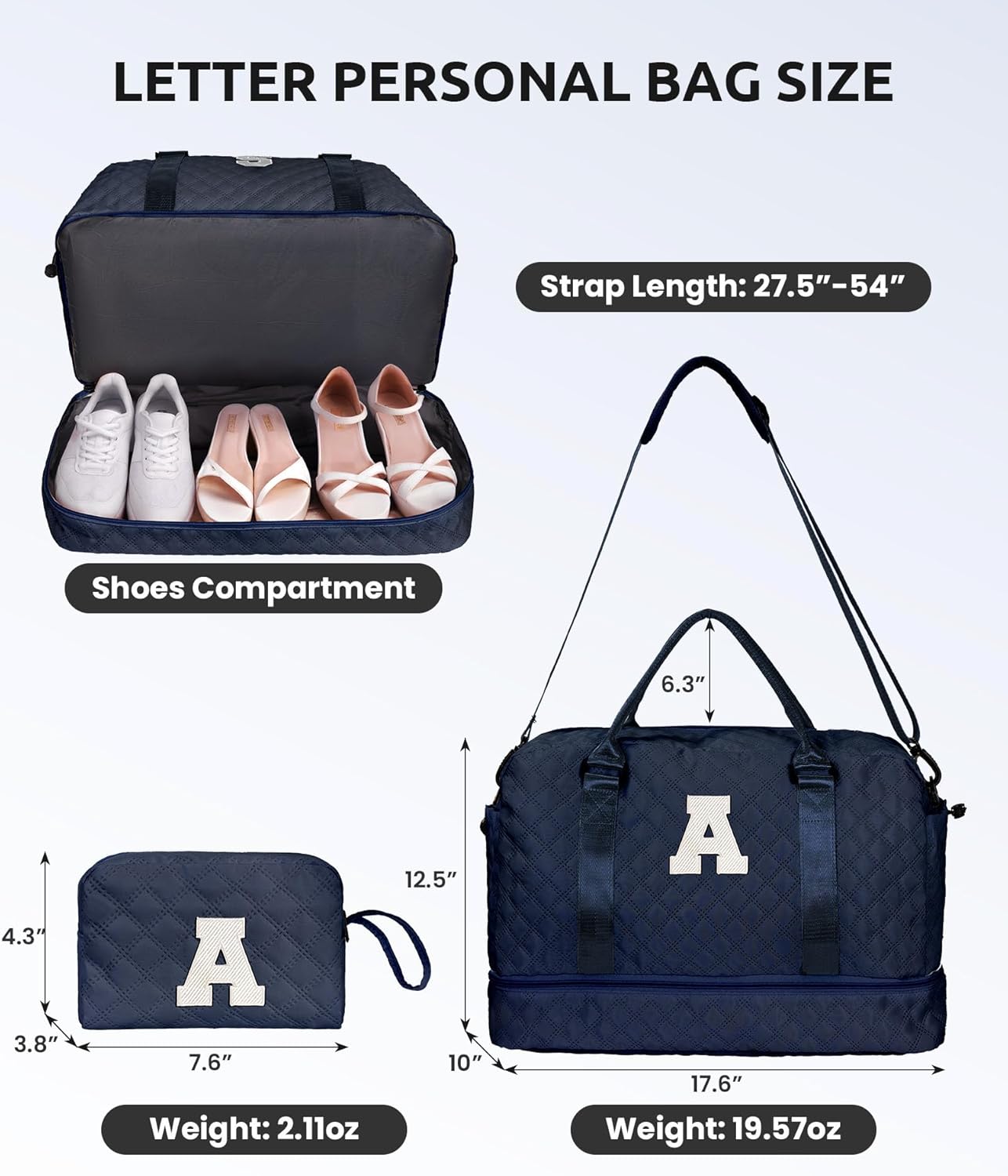 Birthday Gifts-for Women-Initial Duffle Bag with Shoe Compartment, Personalized Weekender Bag, Monogram Overnight Bag, Letter Travel Bag with Makeup Bag，Friend Wife Birthday Gift (Letter C)