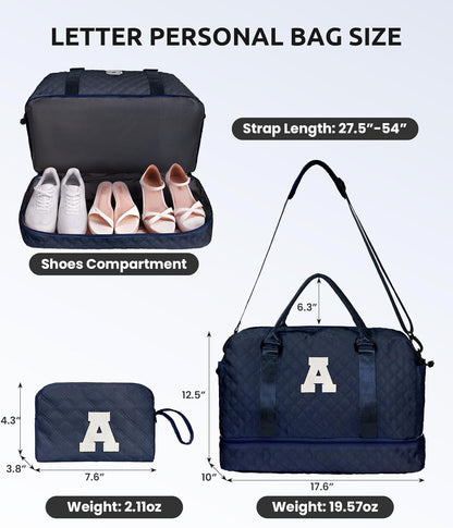 Gifts for Teen-Girls-Initial Duffle Bag with Shoe Compartment, Personalized Weekender Bag, Monogram Overnight Bag, Travel Bag with Makeup Bag，Birthday Gift Graduate Gifts for Her (Letter H)