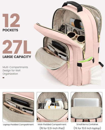 LOVEVOOK Laptop Backpack Purse for Women, Large Capacity Travel Business Computer Work Bag, Quilted Casual Nurse Backpack for Womens, Fit 15.6 Inch Laptop with USB Port, Nude
