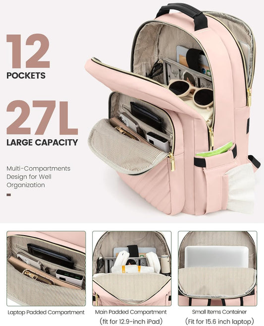 LOVEVOOK Laptop Backpack Purse for Women, Large Capacity Travel Business Computer Work Bag, Quilted Casual Nurse Backpack for Womens, Fit 15.6 Inch Laptop with USB Port, Nude