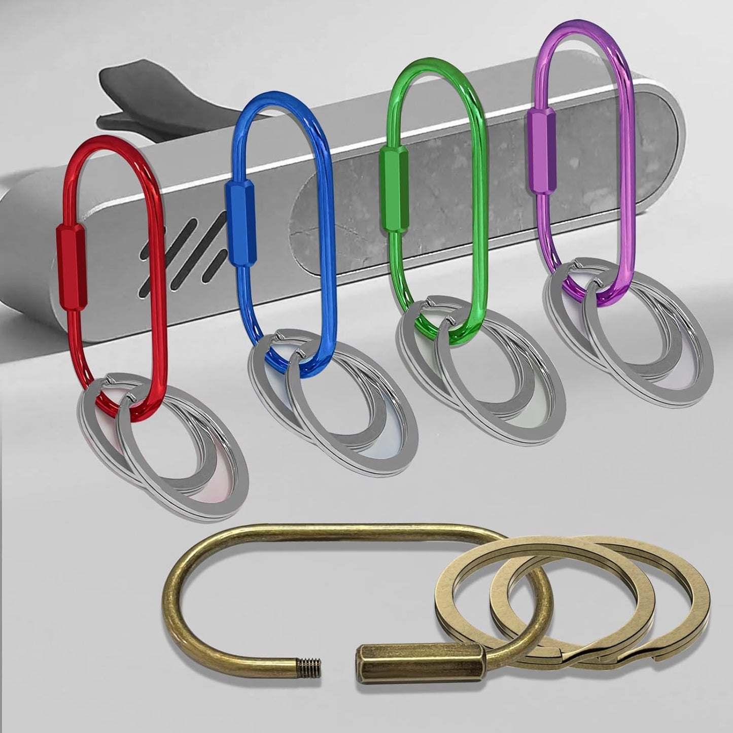 Key Chain, Brass Key Rings 2 Pack Screw Lock Key Organizer with 4 Rings Carabiner Keychain Clip for Men and Women