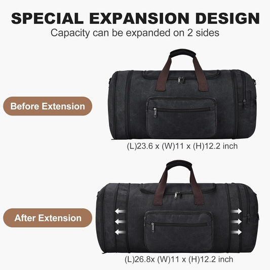 Felipe Varela 60L Duffle Bag for Men, Large Canvas Expandable Duffle Bag for Travel, Mens Carry on Luggage Weekender Gym Overnight Duffel Bags for Traveling, Black