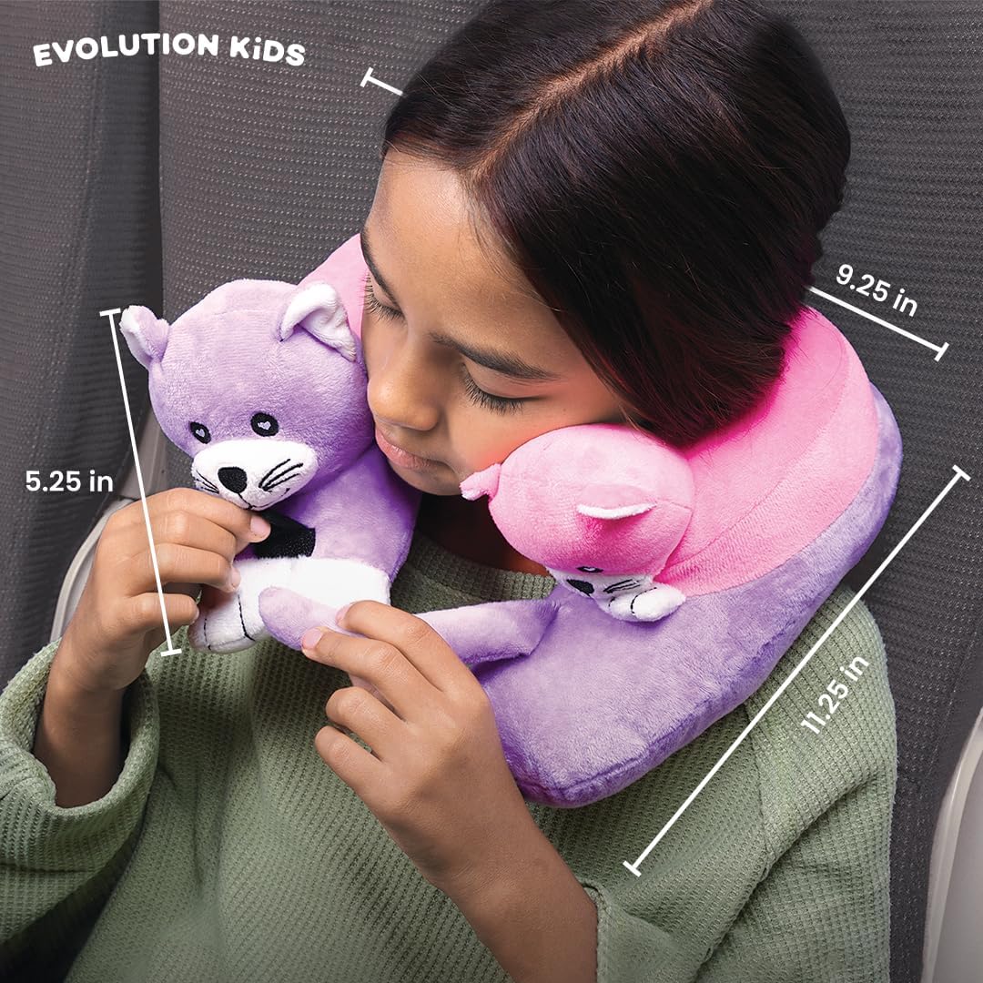 Cabeau Airplane Travel Pillow for Kids – Evolution Kids – Neck Support for Sleeping on Airplanes, Trains, and Cars – Cute, Cozy, and Cuddly Animal Pal for On-The-Go Journeys (Kittens)