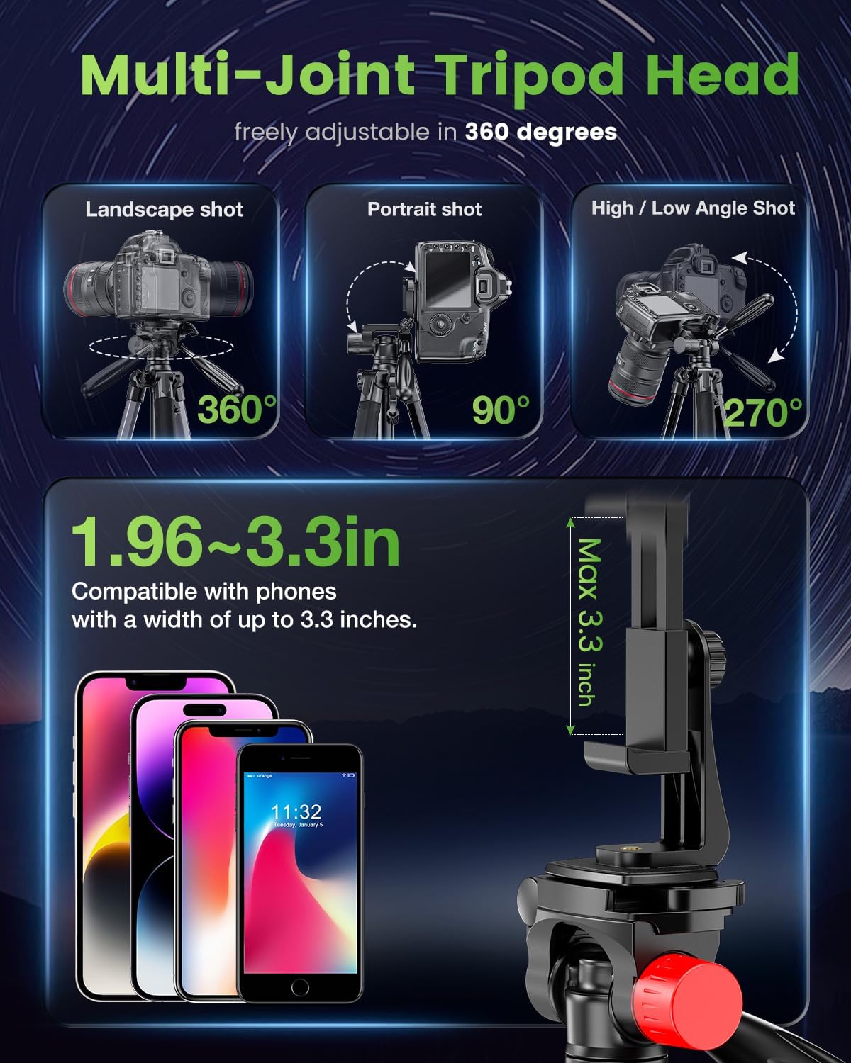 74"-Camera-Tripod, Porfessional Aluminum Heavy Duty Tripod Stand for Mirrorless Camera/DSLR/Cell Phone/Camcorder, with Holder and Travel Bag