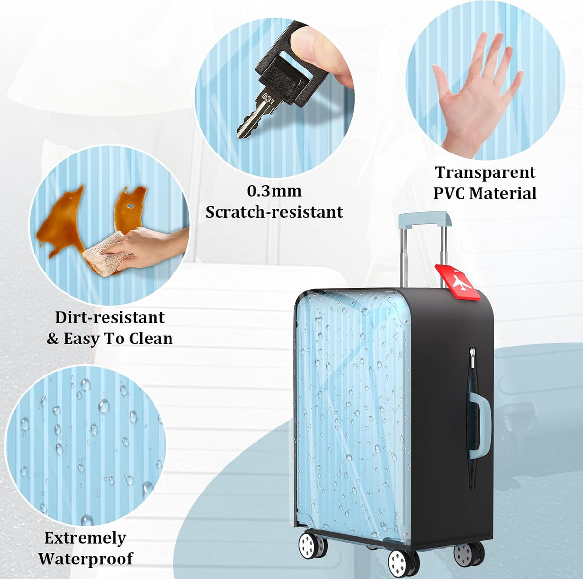 Upgraded Elastic Luggage Cover Protector - Stretchable Black Cloth + Clear TPU, Fit 26 Inch Wheeled Suitcase TSA Approved, Waterproof & Anti-Scratch, Includes Free Red Luggage Tag
