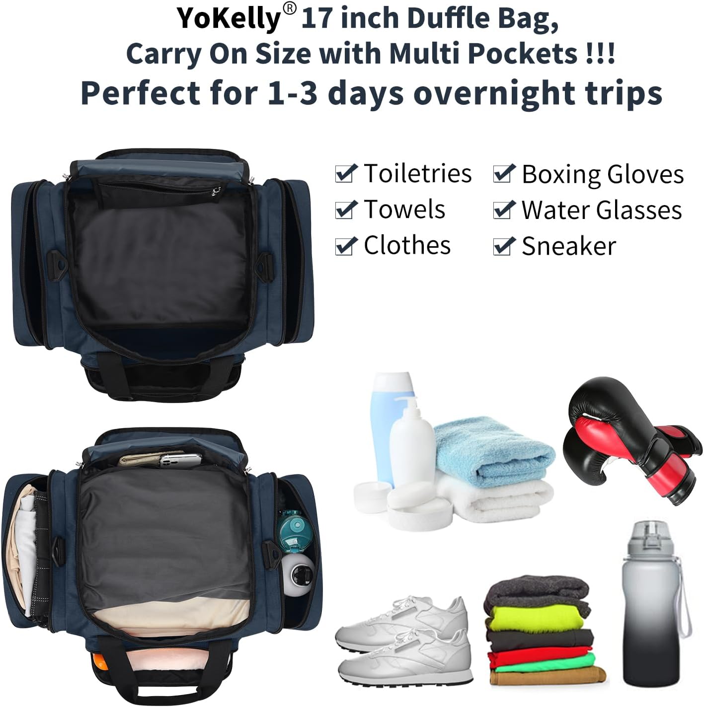 Small Duffel Bag 17 inch Carry On Weekender Bag for Travel Gym Sport (17x10x9 in) - Navy