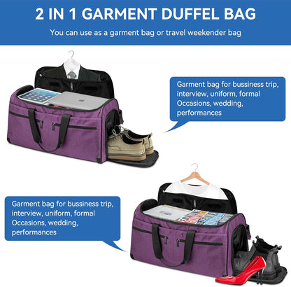 Large Garment Bag for Travel, Bukere Convertible Suit Travel Garment Duffel Bag for Women Business, Shoe Compartment, Detachable Shoulder Strap, 2 in 1 Hanging Suitcase Suit Travel Bags, Purple