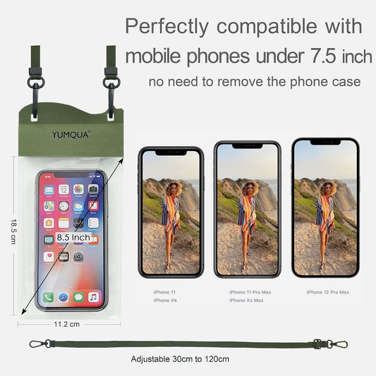 Large Waterproof Phone Pouch 2 Pack, IPX8 Waterproof Cell Phone Case Dry Bag Compatible with iPhone 15 14 13 12 11 Pro Max/Galaxy S23 Ultra S22 Pixel 4 XL Up to 7.5", Army Green+Yellow