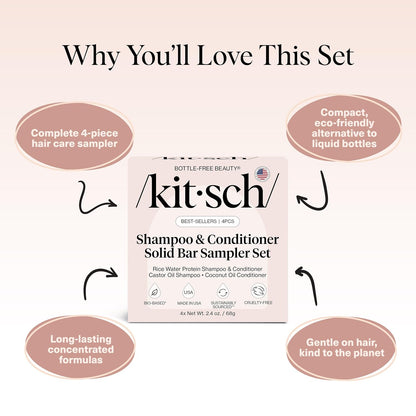 Kitsch Shampoo and Conditioner Set - 4pc Sampler Bars with Rice Water Shampoo and Conditioner, Castor Oil Shampoo & Coconut Oil Conditioner - Bottle-Free Beauty for Hair Growth, Repair & Moisture