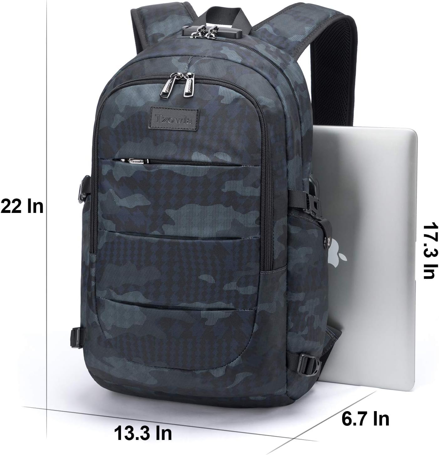 Tzowla Business Laptop Backpack Water Resistant Anti-Theft Backpack with USB Charging Port and Lock 17.3 Inch Computer Backpacks for Women Men, Casual Hiking Travel Daypack (Navy Blue Camo)