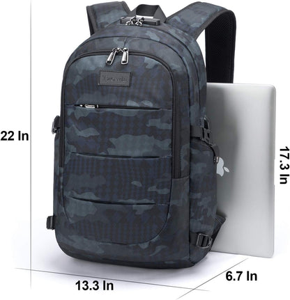 Tzowla Business Laptop Backpack Water Resistant Anti-Theft Backpack with USB Charging Port and Lock 17.3 Inch Computer Backpacks for Women Men, Casual Hiking Travel Daypack (Navy Blue Camo)
