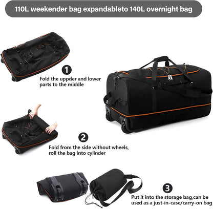 Rolling Duffle Bag with Wheels,110L/140L Expandable Soft-Sided Foldable Duffle Bag with 2 Rubber Wheels,Packable 32” Rolling Carry-On with Multi-Pockets & Compartments (Black Orange)