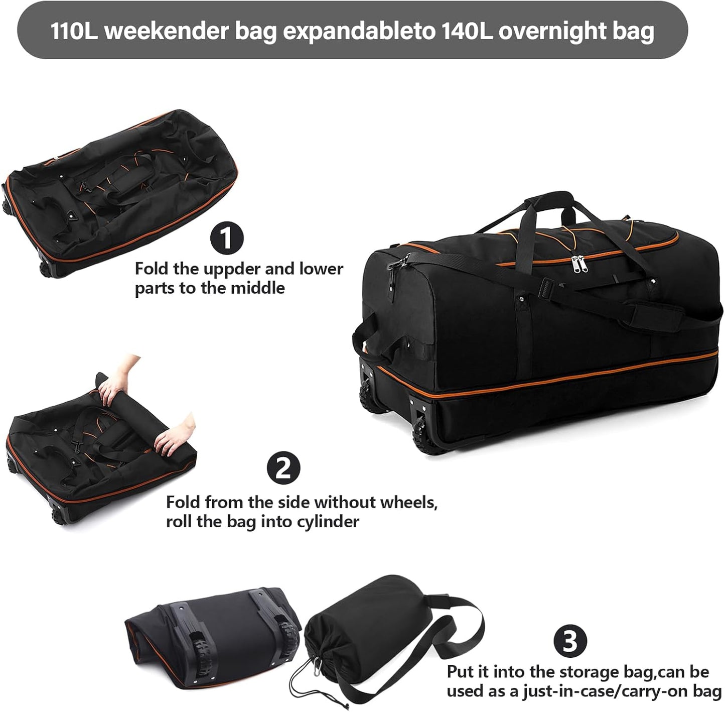 Vomgomfom 32" Soft-Sided Foldable Wheeled Travel Duffel Bag,Expandable 110L to 140L Rolling Cargo Bag with 2 Wheels and Multiple Pockets,Black-orange