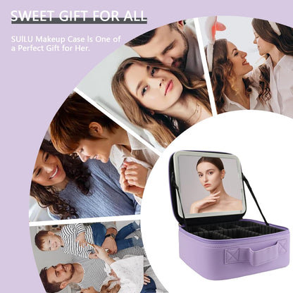 Makeup Bag with Led Mirror,Travel Makeup Organizer with 3 Color Setting & 10X Magnifying Mirror, Portable Storage and Adjustable Dividers Travel Makeup Bag-Purple