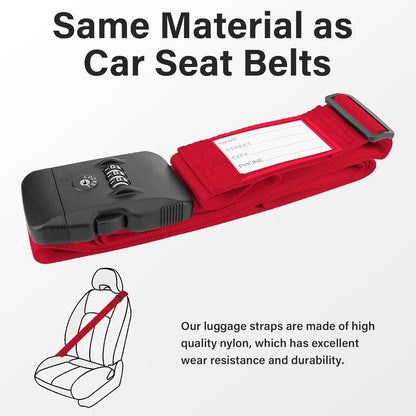 Luggage Straps, Red TSA Approved Luggage Strap Belt with Combination Lock for Suitcases, 2 Pack Adjustable Heavy Duty Cross Suitcase Straps with Name Tags for Travel, Carry On Bags, Protect Luggage