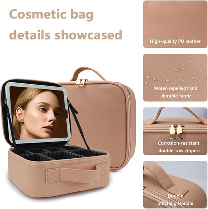 Travel Makeup Bag for Women and Makeup Artists Cosmetic Organizer Large Makeup Case,Travel Makeup Bag with Mirror 3 Color Setting,Portable Storage and Adjustable Dividers(khaki)