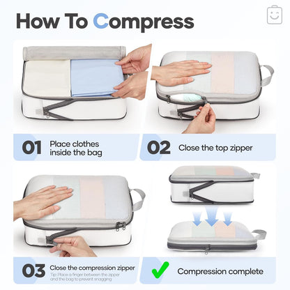 Veken 11 Set Compression Packing Cubes for Travel Essentials,Compressible Expandable Large Luggage Suitcase Organizer Bags for Clothing,Durable Space Saver Storage Bags with Toiletry Bags(White)