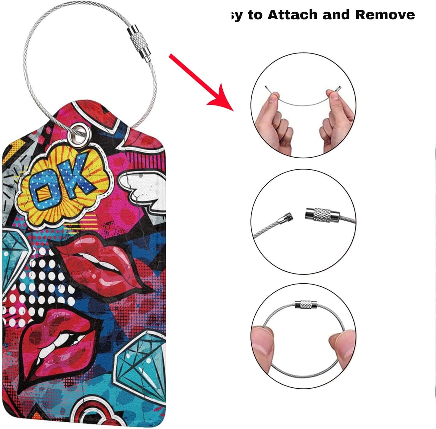 2 Pack Funny Luggage Tags with Red Lips Pattern for Suitcases, Colorful PU Leather Luggage Tag Accessories Privacy Cover ID Label with Stainless Steel Loop for Travel Bag for Women Girls Teens