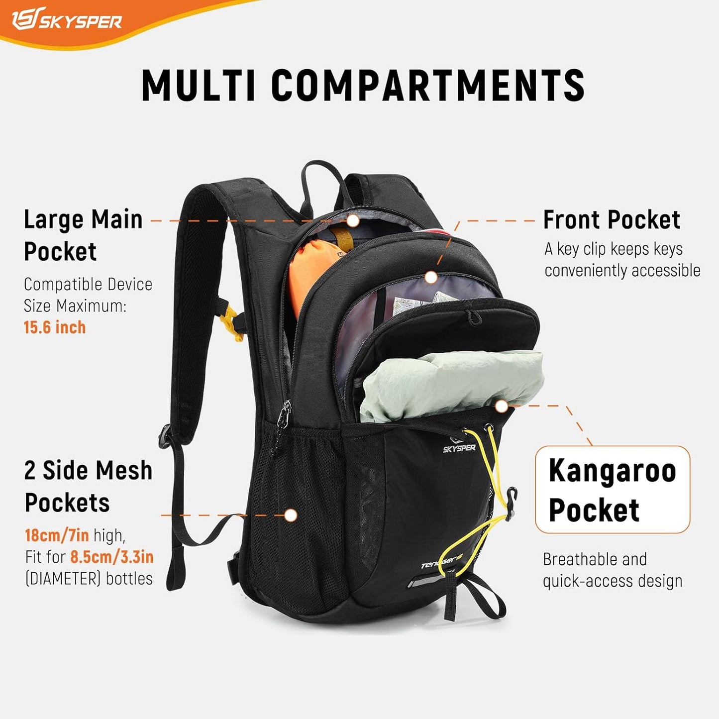 SKYSPER Hiking Backpack 15L Lightweight Walking Daypack for Camping Travelling Daytrip Small Trail Bagpack for Men Women