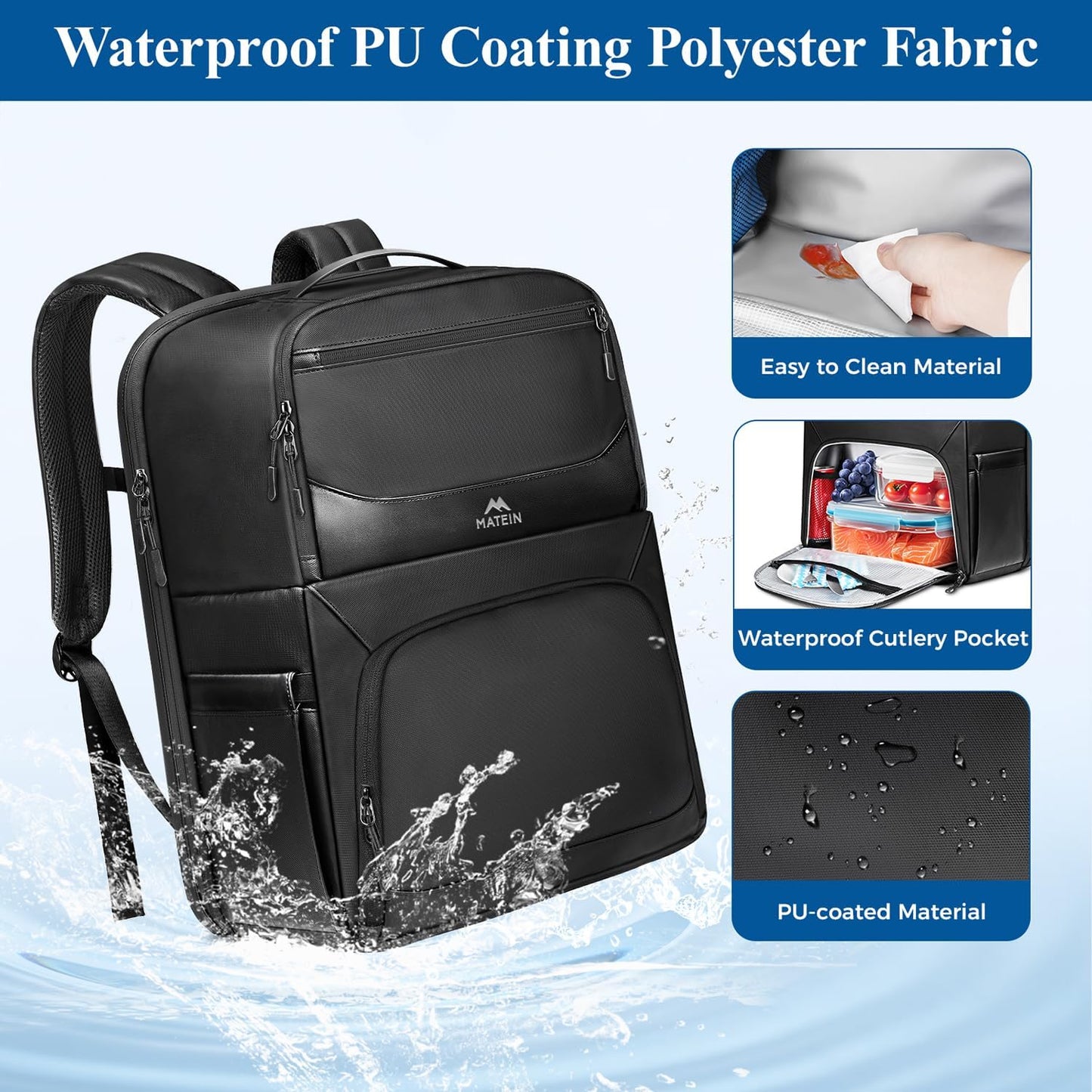 MATEIN Work Backpack with Lunch Compartment, Waterproof PU-coated Meal Prep Backpack for Men with Cutlery Pocket, Large 17 Inch Laptop Back Pack with USB Port, Insulated Cooler Bag for Office Picnic
