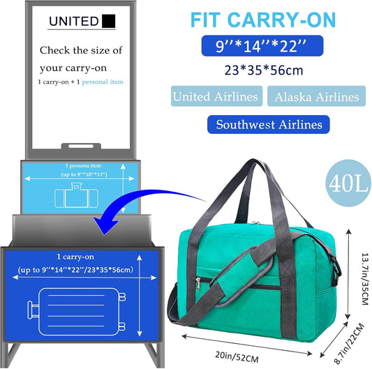 Foldable Carry on Luggage Bag 22x14x9 Personal Item Bag for Airplanes Travel Duffel Bag for Women and Men (40L, Teal)