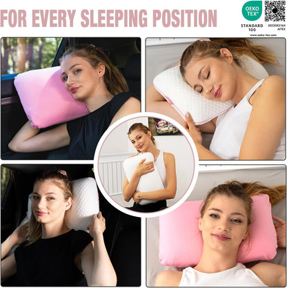 Travel & Camping Comfortable Memory Foam Pillow – Easy to Carry Portable Bag – Temperature Regulating Pillow Case (Pink + Extra Cover)