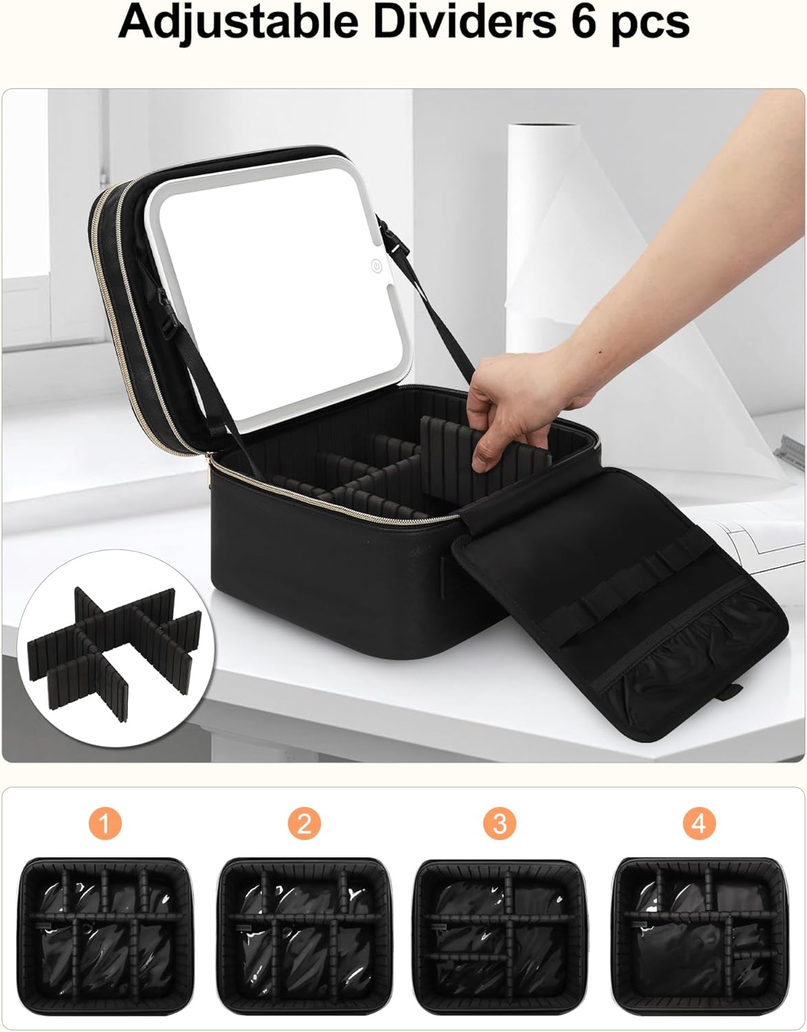 Travel Makeup Bag with LED Mirror Double Layer Makeup Case with Lighted Mirror Dual Layer Cosmetic Train Case Portable Artist Organizer Bag with Dividers and Rechargeable Vanity (Black, Small)