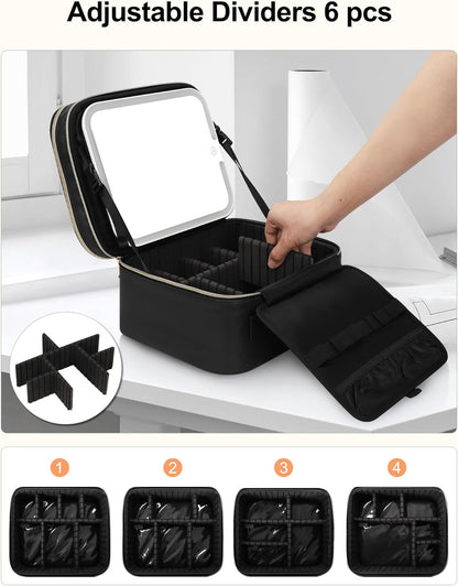 Travel Makeup Bag with LED Mirror Double Layer Makeup Case with Lighted Mirror Dual Layer Cosmetic Train Case Portable Artist Organizer Bag with Dividers and Rechargeable Vanity (Black, Small)