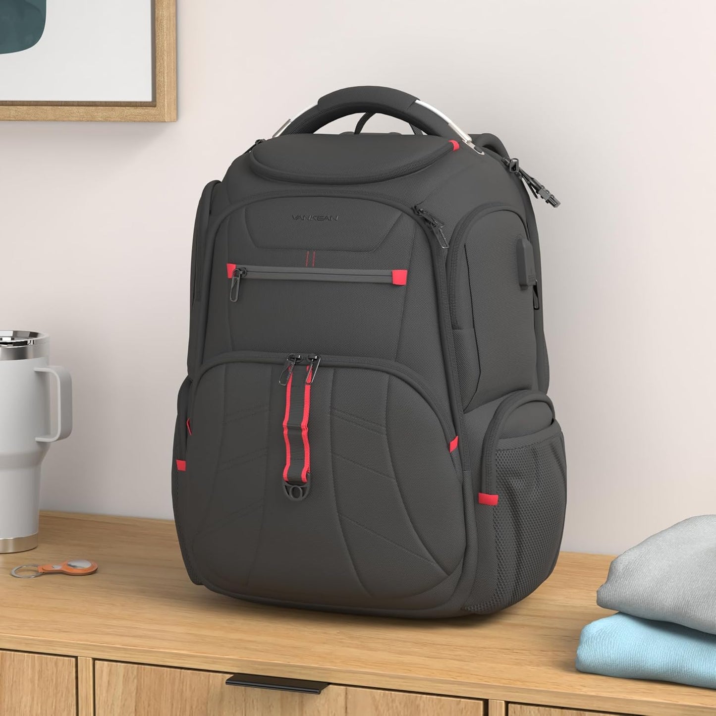 VANKEAN Travel Laptop Backpack 17.3 Inch TSA Friendly, Water-Repellent Anti Theft XL Computer Backpack with RFID Pockets College Backpacks with USB Port for Men Women Business Work Bag, Black