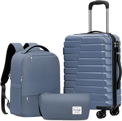 Coolife Luggage Sets 3 Piece, 20In Carry On Luggage with Spinner Wheels PC Hardside Suitcase Set with Travel Backpack (Blue, Backpack/TB/20)