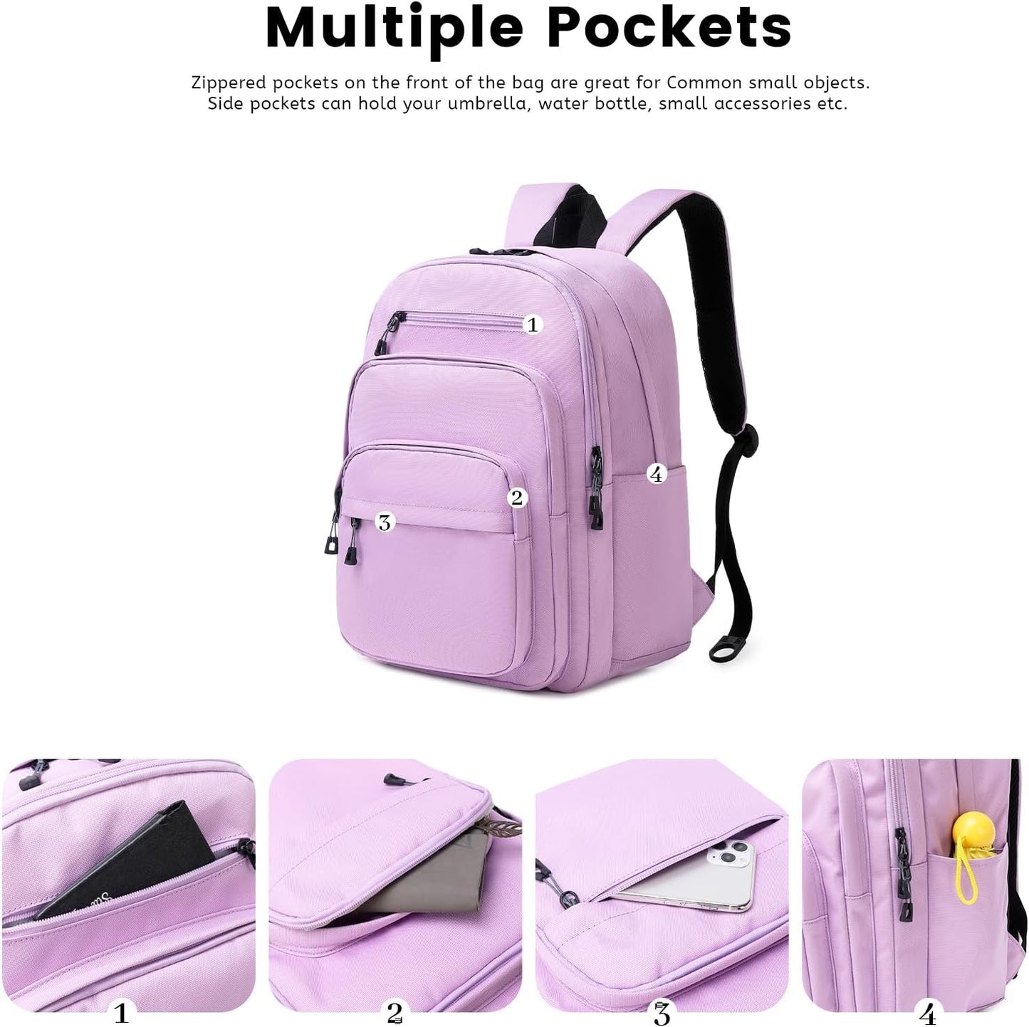 Lanola Basic Multi-Pocket Multipurpose Backpack Classical Water Resistant Student Bookbag For School Business Travel or Casual Daypack Backpacks For Men Or Women - Purple