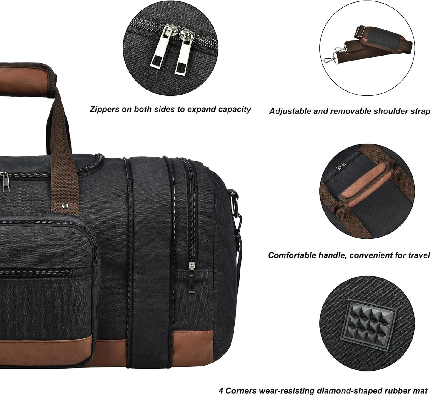 Litvyak Duffle Bag for Travel, 50L Canvas Travel Duffel Bags Overnight Weekend Gym Carry On Luggage Bag for Men & Women(Black+Toiletry Bag)