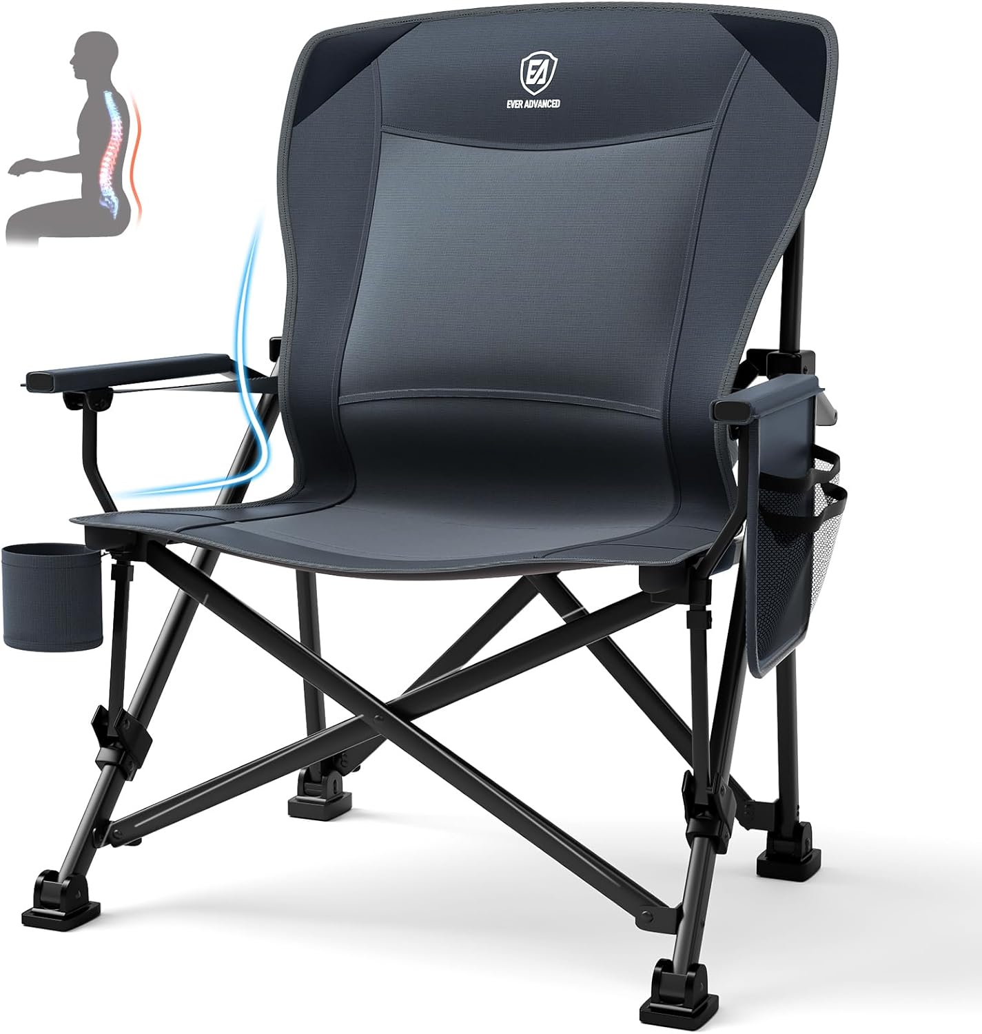 EVER ADVANCED Oversized Folding Camping Chair for Adults with Adjustable Lumbar Support, Heavy Duty Chair with Side Pockets, Portable Collapsible Quad Chair for Outside