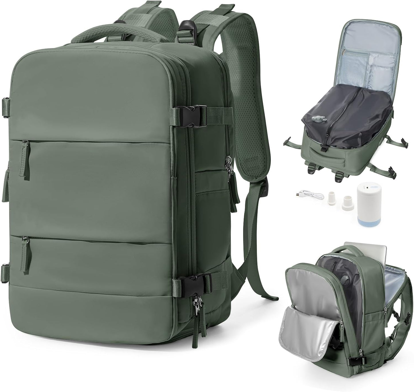 Vacuum Backpack Travel With Pump,Mochila De Viaje Compresion Al Vacio,Personal Item Travel Backpack With Vacuum System,Large Carry On Vacpack Backpacks For Women Men,Olive Green