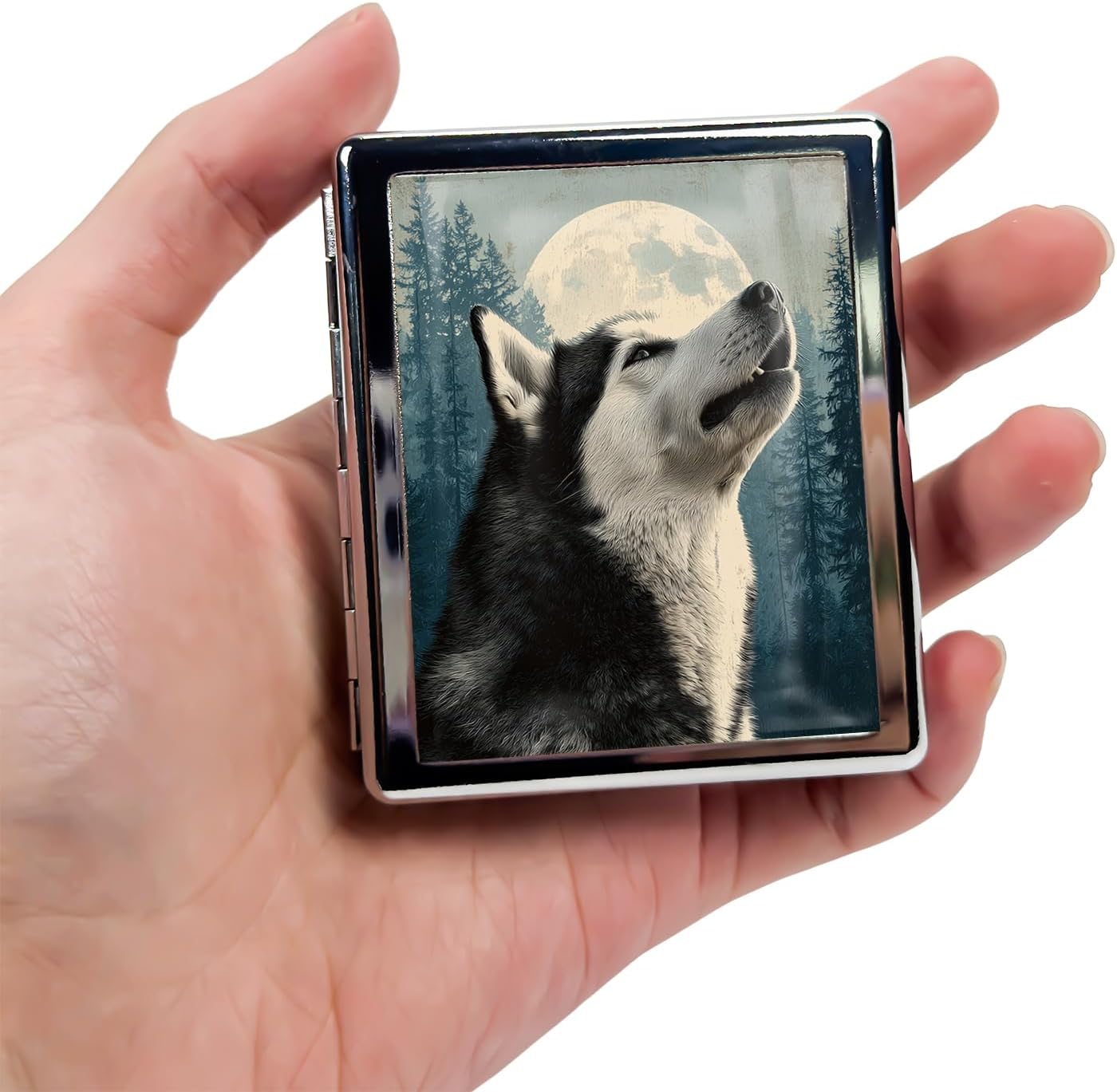 8‑Compartment Metal Pill Box Organizer – Portable Medicine Case 3″×2.6″ | Food‑Grade Dividers | Secure Snap Button Lid | Travel & Gift for Seniors (Howling at The Moon)