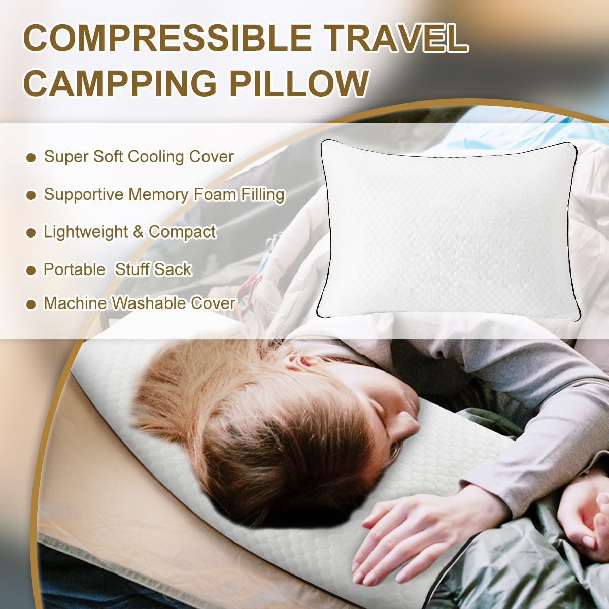 Ivellow Travel Pillow Cooling Camping Pillow for Sleeping Compressible Shredded Memory Foam Pillow Compact Firm Supportive Pillow for Adults Kids Outdoor Backpacking Hiking Essential Gear White M
