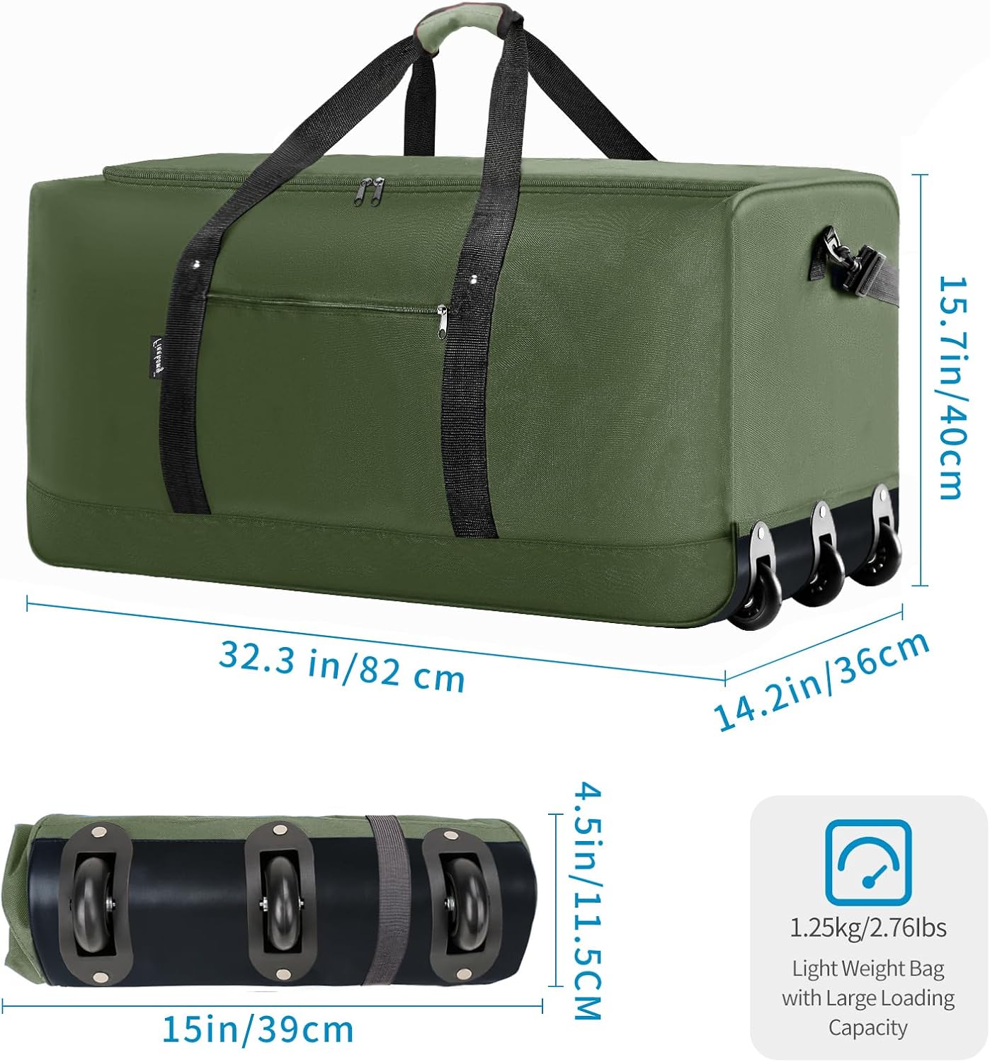 Finnhomy 120L Foldable Rolling Duffel Bag with 3 Wheels, Light Weight Travel Duffel bag with Large Loading Capacity, 32 inch Rolling Duffel bag with Shoulder Strap for Travel Camping Sports