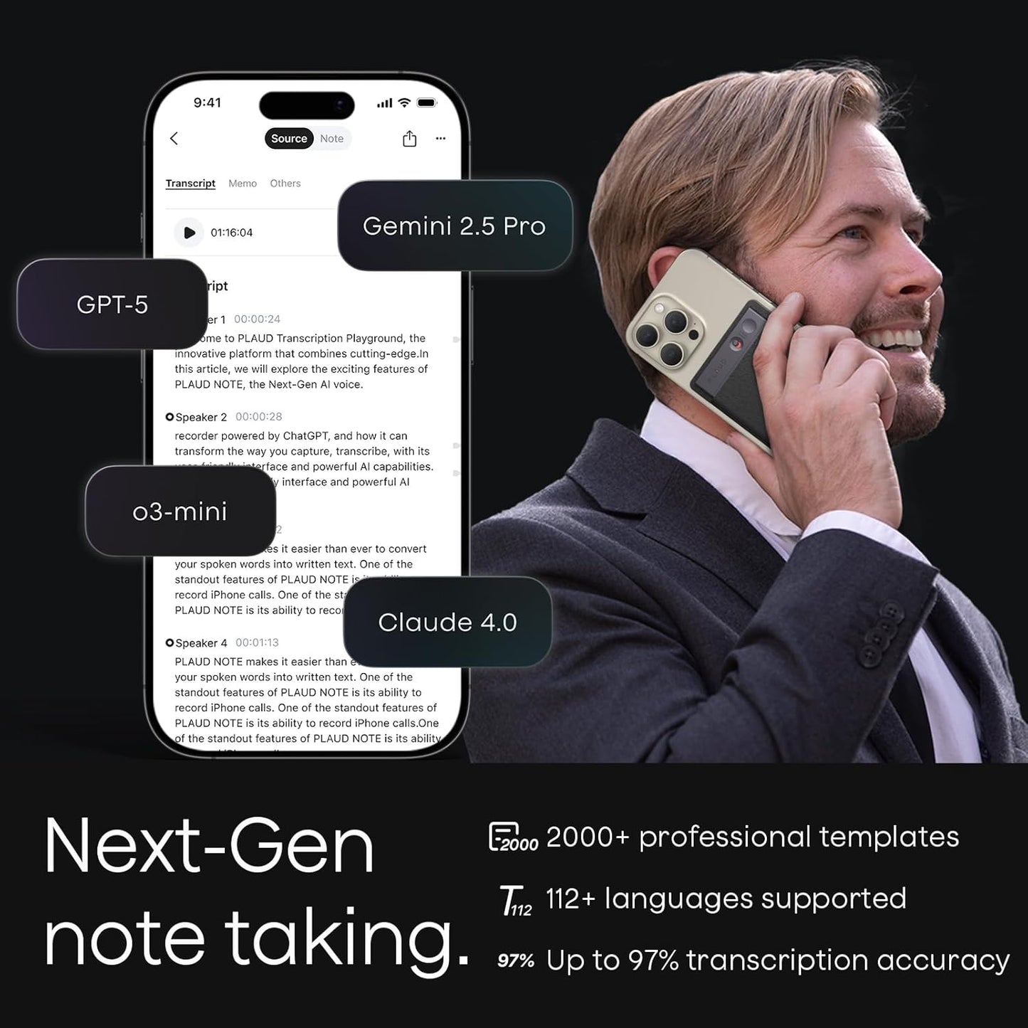 AI Voice Recorder, Note Voice Recorder w/Case, App Control, Transcribe & Summarize with AI Technology, Support 112 Languages, 64GB Memory, Audio Recorder for Lectures, Meetings, Calls, Black