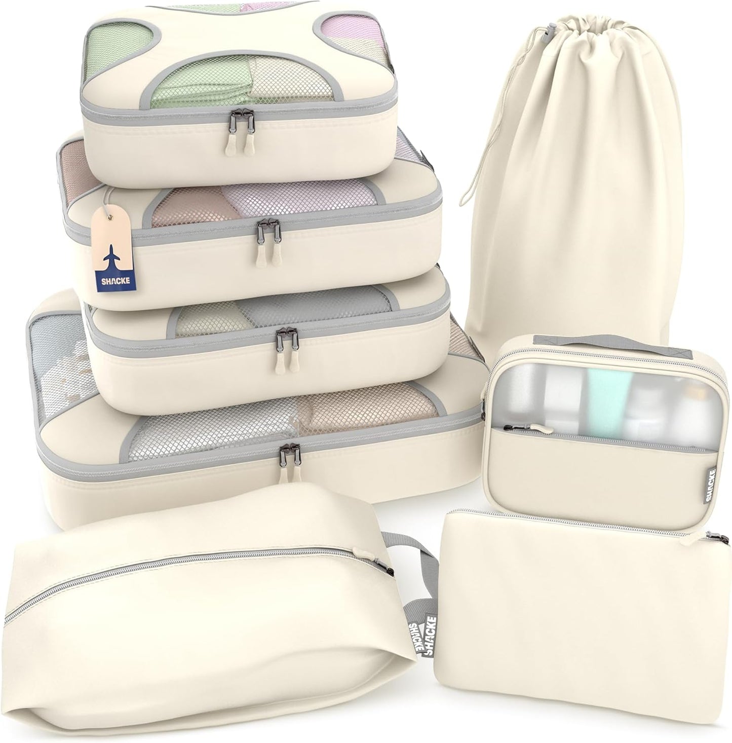 Shacke Premium 8 Packing Cubes Set - Lightweight Mesh Travel Luggage Organizers with Laundry Bag, 8-Piece Suitcase Storage System (Sand)